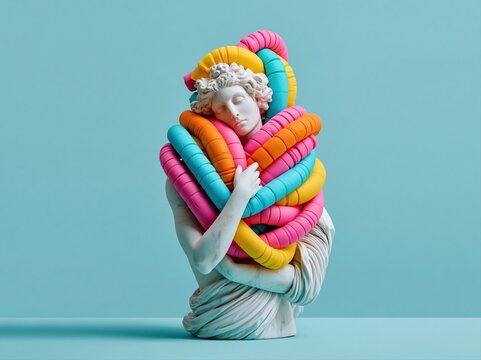 Classical sculpture embraced by colorful abstract shapes