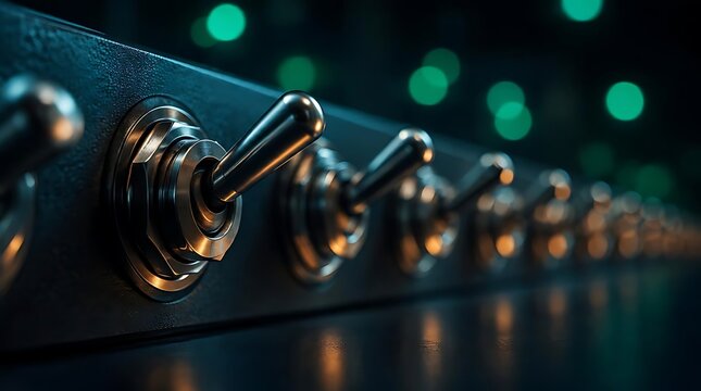 Close-up of a row of vintage metal toggle switches with blurred green lights in the background.