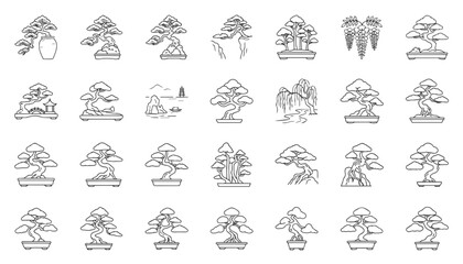 Fototapeta premium A set of black line art icons featuring bonsai and dwarf potted trees in various styles—including rounded canopies, branches trained in the Japanese style, and flowering tree in pots adorned with Tha