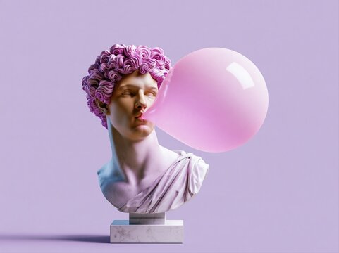 Classical bust with purple hair blowing a large pink bubblegum bubble