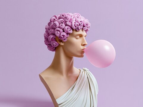 Bust of a classical statue with pink curly hair blowing a pink bubble gum balloon