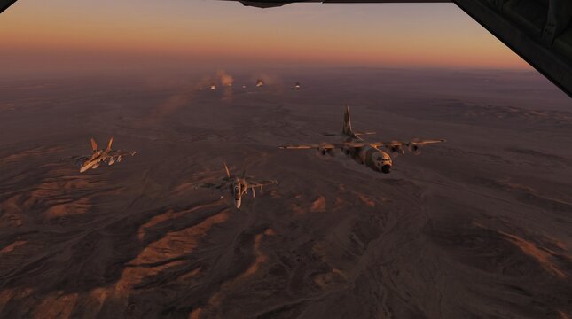 Military aircraft formation flying over desert landscape at sunset with distant explosions