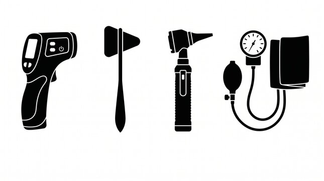 Black and white vector icons of various medical diagnostic equipment arranged on white background with blood pressure cuff flat icons including thermometer reflex reflex hammer otoscope examination