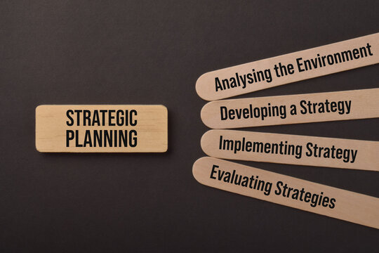 Wooden blocks illustrating strategic planning, environmental analysis, strategy development, implementation, and evaluation for business decision making and growth.