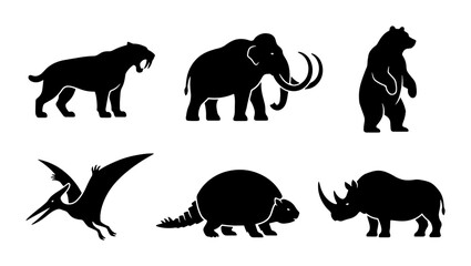 Fototapeta premium Prehistoric Animals Vector Icons Set: Mammoth, Saber-tooth Tiger, Dinosaur, Bear, Rhino