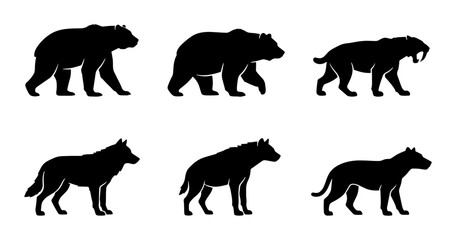 Fototapeta premium Prehistoric Animal Silhouettes: Bear, Saber-Toothed Cat, Wolf, Hyena Icons