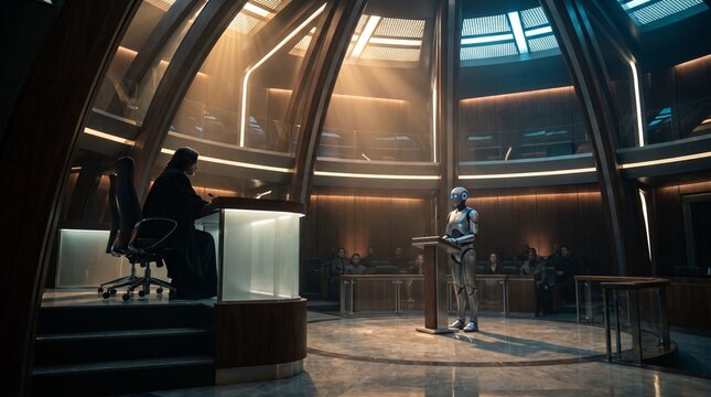 Robot stands at podium in futuristic courtroom with judge presiding over proceedings