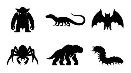 Obraz premium Fantasy Creature Silhouettes: Goblin, Lizard, Bat, Spider, Beast, Worm Icons