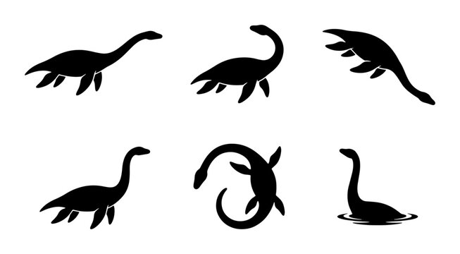 Nessie Loch Ness Monster Silhouette Icons, Mythical Creature Vector Set, Aquatic Dinosaur Symbols