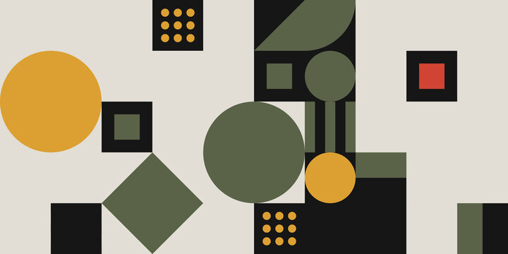 Bauhaus-inspired abstract geometric composition featuring a structured arrangement of circles, squares, triangles, and striped elements in a retro palette of mustard, olive green, burnt red