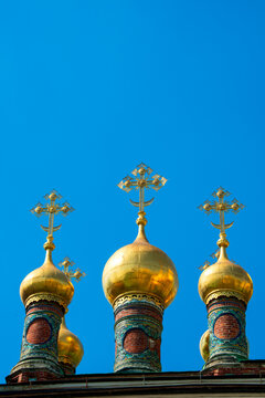 Golden Onion Domes and Crosses of Terem Palace Upper Savior Cathedral in Moscow Kremlin Russia