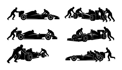 Fototapeta premium Formula 1 Pit Stop Crew Silhouettes, Racing Car Mechanics, Motorsport Teamwork Vector Icons