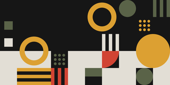 Bauhaus-inspired abstract geometric composition featuring a structured arrangement of circles, squares, triangles, and striped elements in a retro palette of mustard, olive green, burnt red