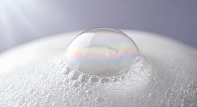 A large, iridescent soap bubble rests gently on a bed of white, frothy foam, reflecting soft light and colors.