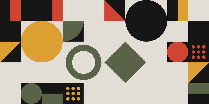 Bauhaus-inspired abstract geometric composition featuring a structured arrangement of circles, squares, triangles, and striped elements in a retro palette of mustard, olive green, burnt red