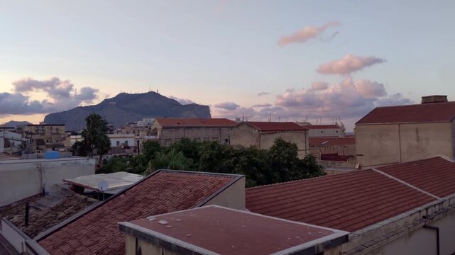 Sunset Over Palermo Sicily Tiled Rooftops and Monte Pellegrino Italy
