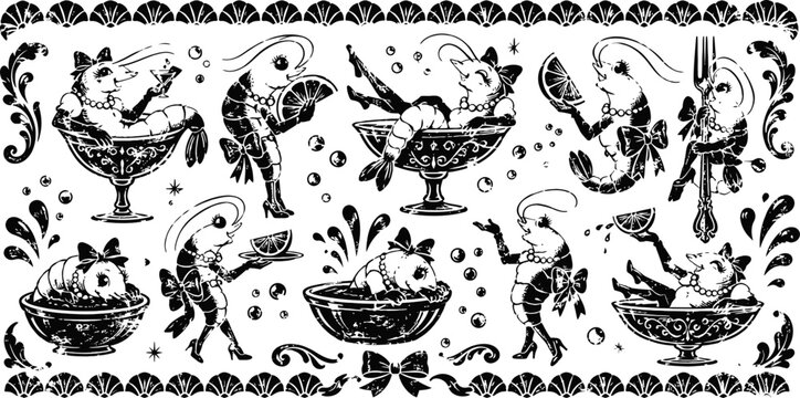 Vintage black and white illustration of cats enjoying cocktails and dancing with a decorative floral border