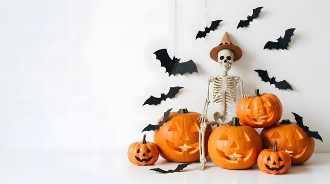 Festive halloween decorations with pumpkins bats and a spooky skeleton on a white background