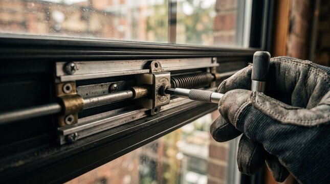 Technician repairing window mechanism with screwdriver indoors