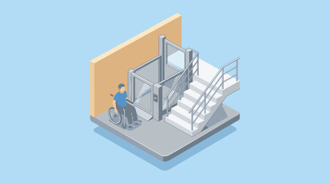 Dynamic Isometric of Wheelchair User Accessing Platform Lift Near Stairs with high quality professional line art symbols for modern creative design and digital branding projects