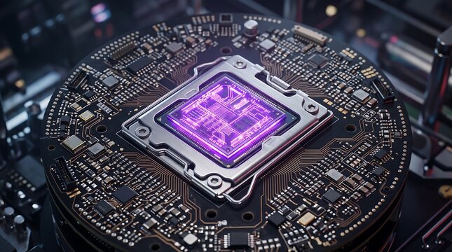Futuristic Computer Processor Chip with Glowing Purple Light on Motherboard.