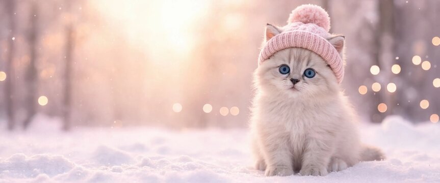 fluffy blue eyed kitten wearing a pink knitted pompom hat sitting in soft snow with warm pastel winter light and bokeh background