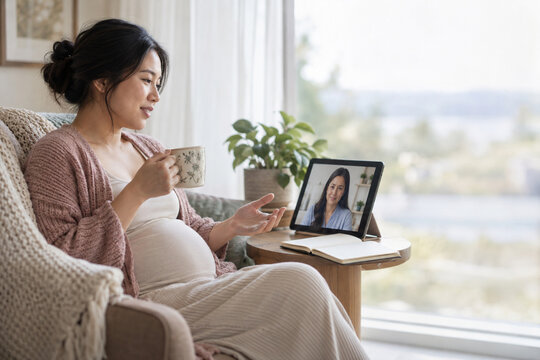 Pregnant Asian woman having an online video consultation with a doctor on a tablet at home.