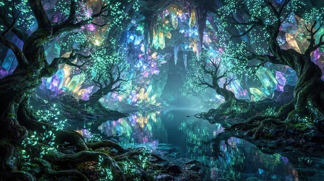 Fantasy Castle Built in a Giant Ancient Tree Over a Glowing River at Night