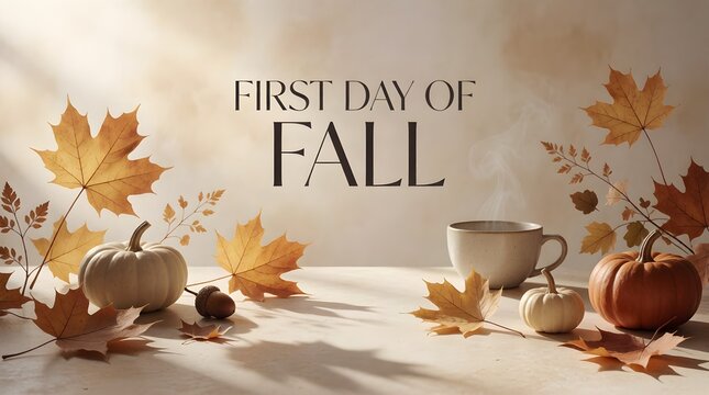 First Day of Fall Autumn Still Life with Pumpkins, Coffee and Falling Leaves
Elegant autumn still life featuring pumpkins, warm coffee, maple leaves and seasonal foliage arranged on a soft neutral bac