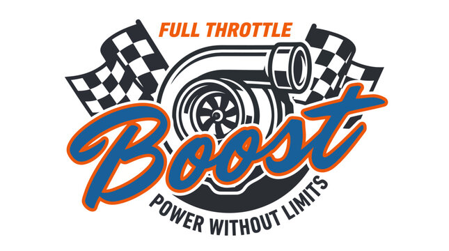 Automotive turbocharger emblem with racing flags and bold typography.