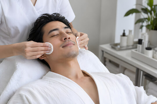 Asian Man Receiving Professional Facial Cleansing at Clinic