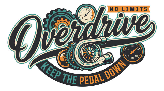 Vintage style automotive overdrive logo design with turbocharger and mechanical gears.
