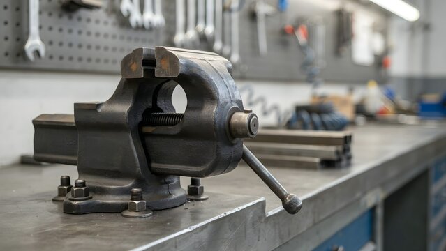 Heavy-duty bench vice mounted on workbench in industrial workshop setting