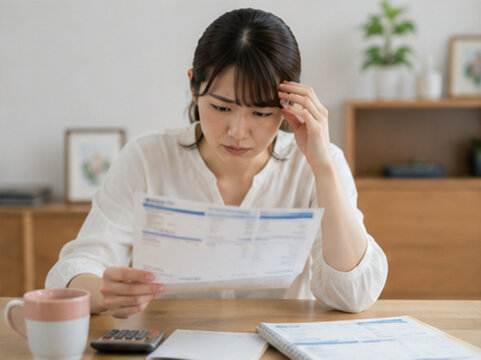 電気代,電気料金,光熱費,請求書,電気代高騰,値上げ,物価高,インフレ,家計,家計管理,生活費,固定費,家計負担,節約,節電,省エネ,電力,電気,エネルギー,エネルギー価格,電気料金明細,公共料金,支払い,出費,支出,お金の悩み,経済的不安,家庭,家族,夫婦,子育て世帯,日本人家族,日本人夫婦,自宅,リビング,ダイニング,電卓,スマートフォン,パソコン,書類,確認,悩む,困る,生活防衛,家計簿,予