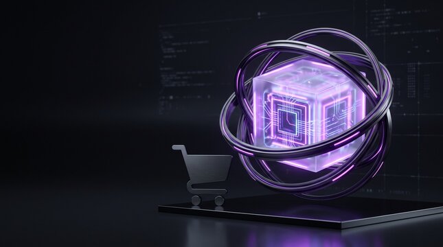 Glowing cryptographic security core with e-commerce shopping cart