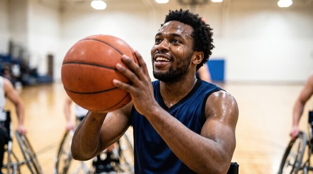 Focused wheelchair basketball player dribbling with determination in gym setting
