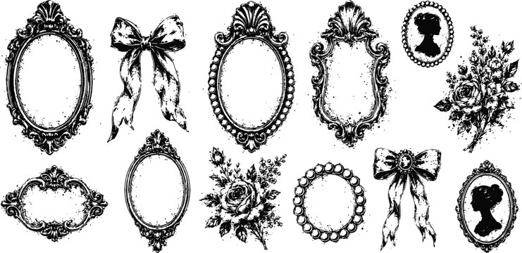 vintage decorative frames and floral elements collection with bows and silhouette cameo designs
