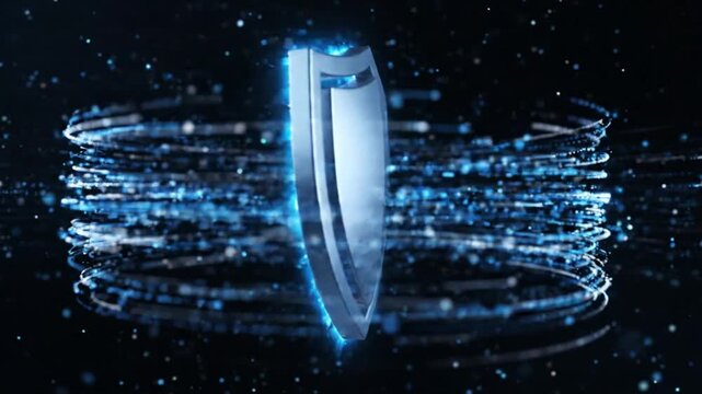 Metallic shield icon rotating inside digital data stream motion animation footage