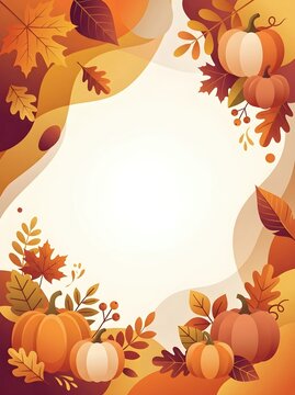 Autumn leaves and pumpkins vector frame with warm seasonal harvest elements for Thanksgiving holiday design. Festive decorative background with colorful foliage and orange squash illustrations.