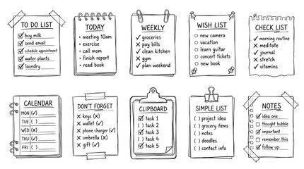 Fototapeta premium Productivity planning task set, hand drawn sketch style, to do lists, calendars, weekly schedules, note pads, and planners.