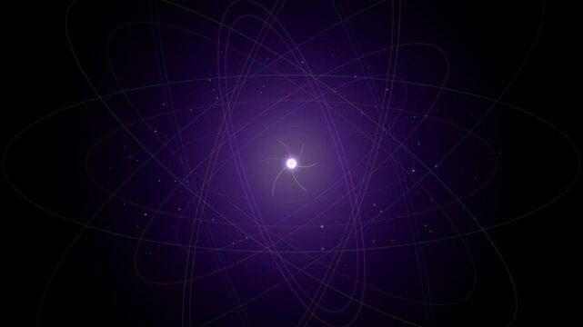 Quantum Particle Orbital Motion Animation Featuring a Glowing Central Core with Spinning Subatomic Physics Tracks