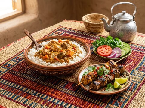 Malian rice served with rich maafe peanut stew, grilled meat skewers, and fresh vegetables on a colorful woven mat with traditional decor, tasty, woven, chicken