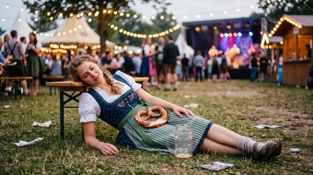 Young woman in a traditional dirndl resting with a pretzel and empty beer mug at a lively Oktoberfest celebration