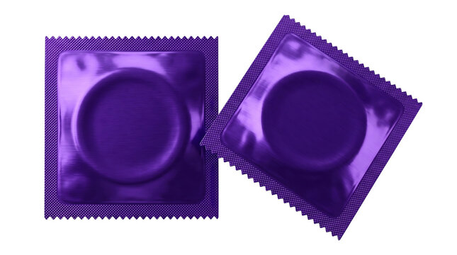 Two purple foil condom packets representing contraception protection safe intimacy and sexual health prevention concept isolated on a transparent background