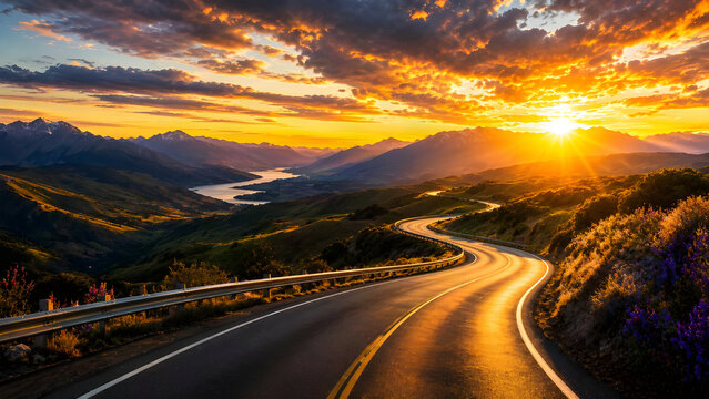Winding asphalt road through mountains during a orange and purple sunset with sunset landscape