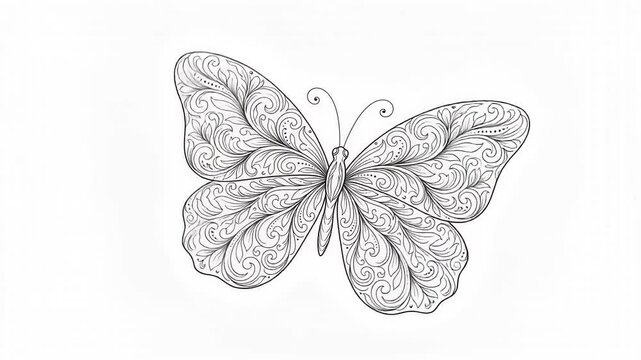 Intricate Black and White Butterfly Wing Sketch with Floral Filigree.