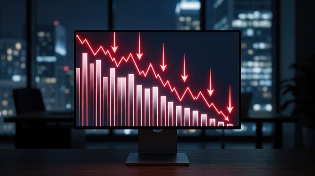 A glowing stock market chart showing a downward trend with red arrows and bar graphs on a digital monitor in a dimly lit financial office, rate, decrease, loss