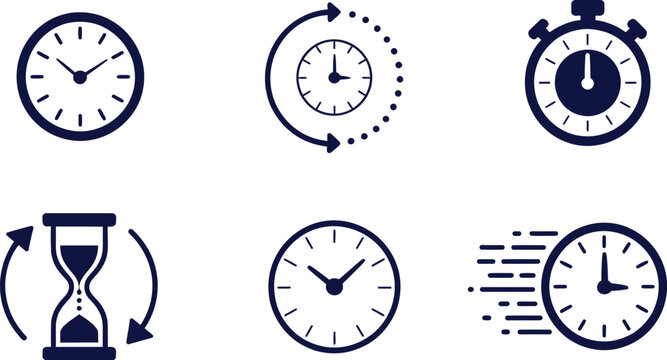 Time management icon set featuring clock, stopwatch, hourglass, time loop, fast speed, productivity, scheduling, and efficiency symbols.
