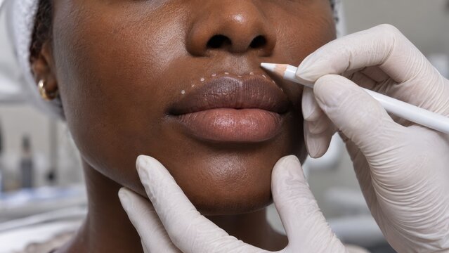 Botox mapping lip flip with white treatment dots drawn along upper lip contour of adult woman by gloved clinician before aesthetic medicine procedure