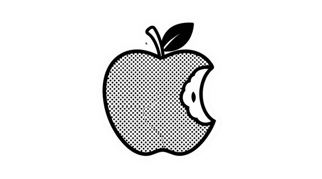 Halftone bitten apple icon black and white sticker for healthy lifestyle and nutrition.